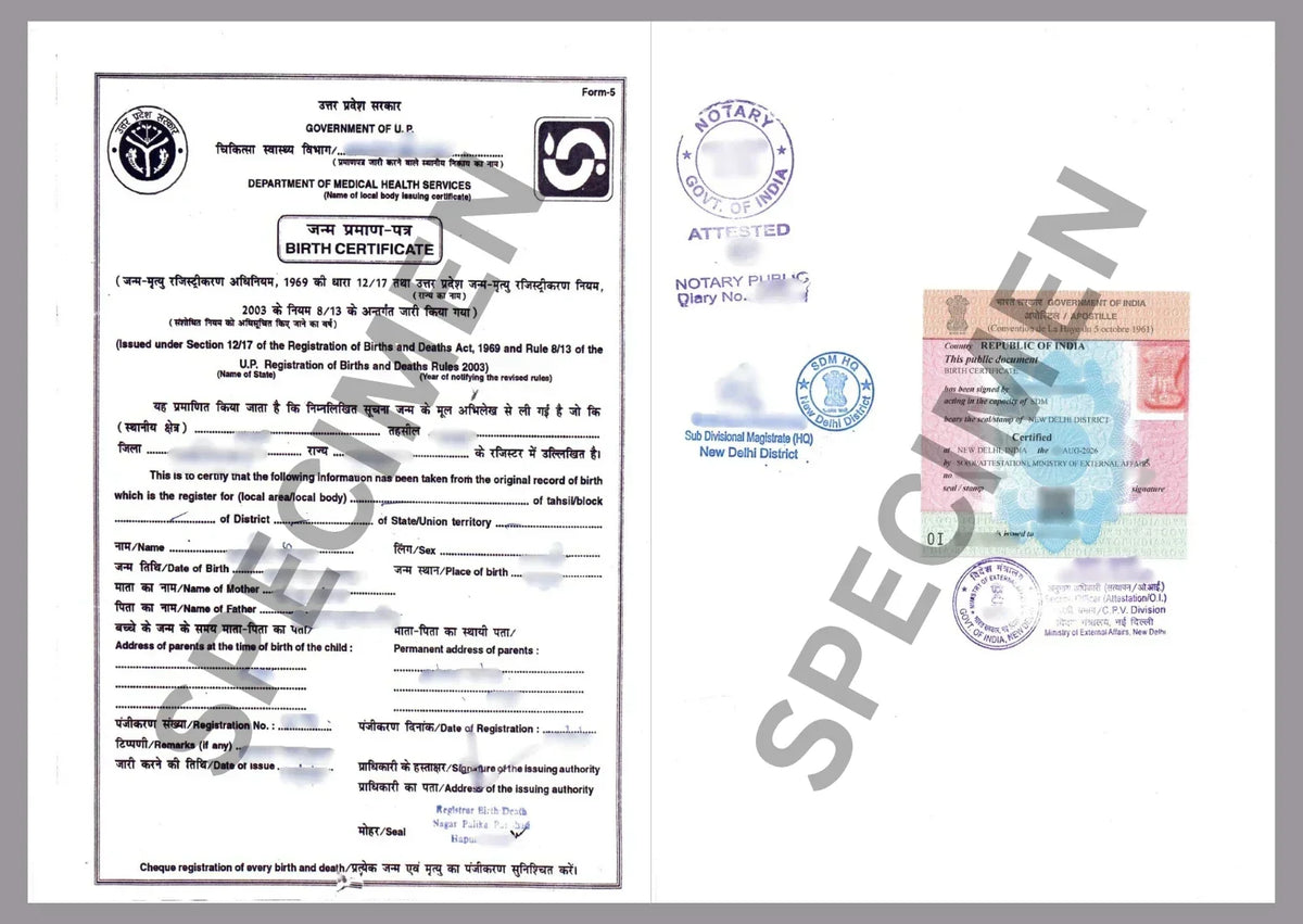 Real example of an MEA Apostille sticker on an Indian Birth Certificate for Hague Convention visa and immigration approval.
