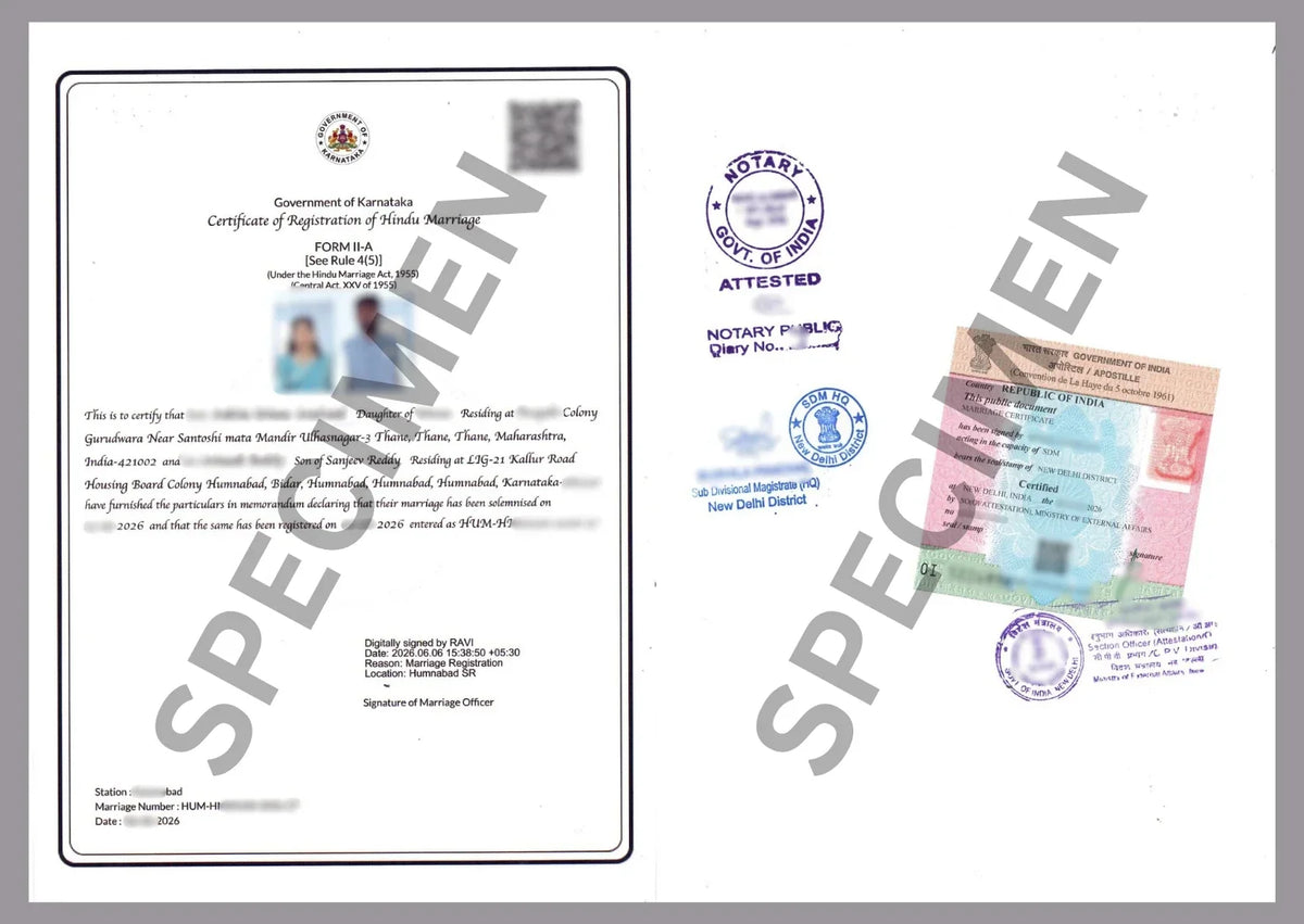 Real example of an MEA Apostille sticker on an Indian Marriage Certificate for Hague Convention spouse visa and PR approval.
