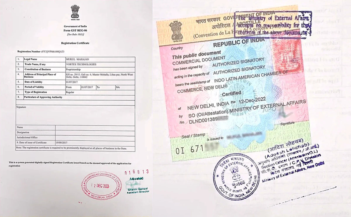 Real example of an MEA Apostille sticker on a Company Power of Attorney (POA) authenticated by the Chamber of Commerce for international business use.
