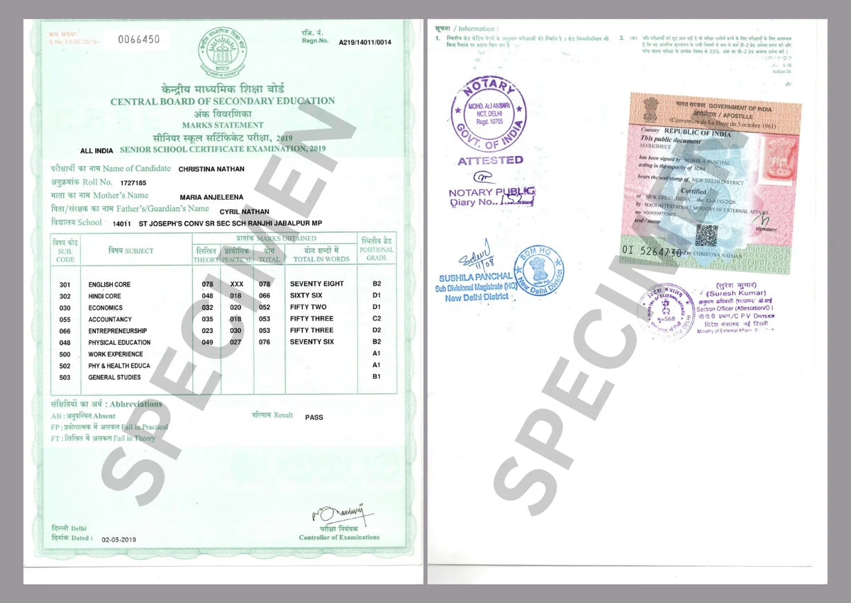Real example of an MEA Apostille sticker on an Indian 12th Marksheet for foreign university admission and student visa approval.