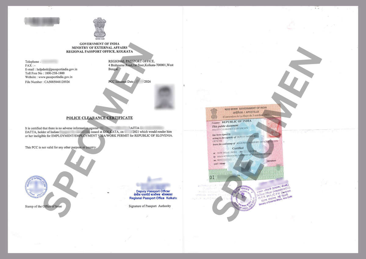 Real example of an MEA Apostille sticker on an Indian Police Clearance Certificate (PCC) for Hague Convention visa and immigration approval.