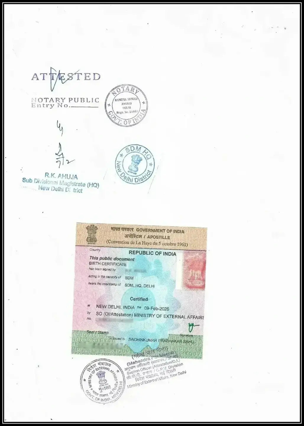 MEA Apostille Attestation on Personal Document (Birth Certificate, Marriage Certificate, Medical Certificate etc)
