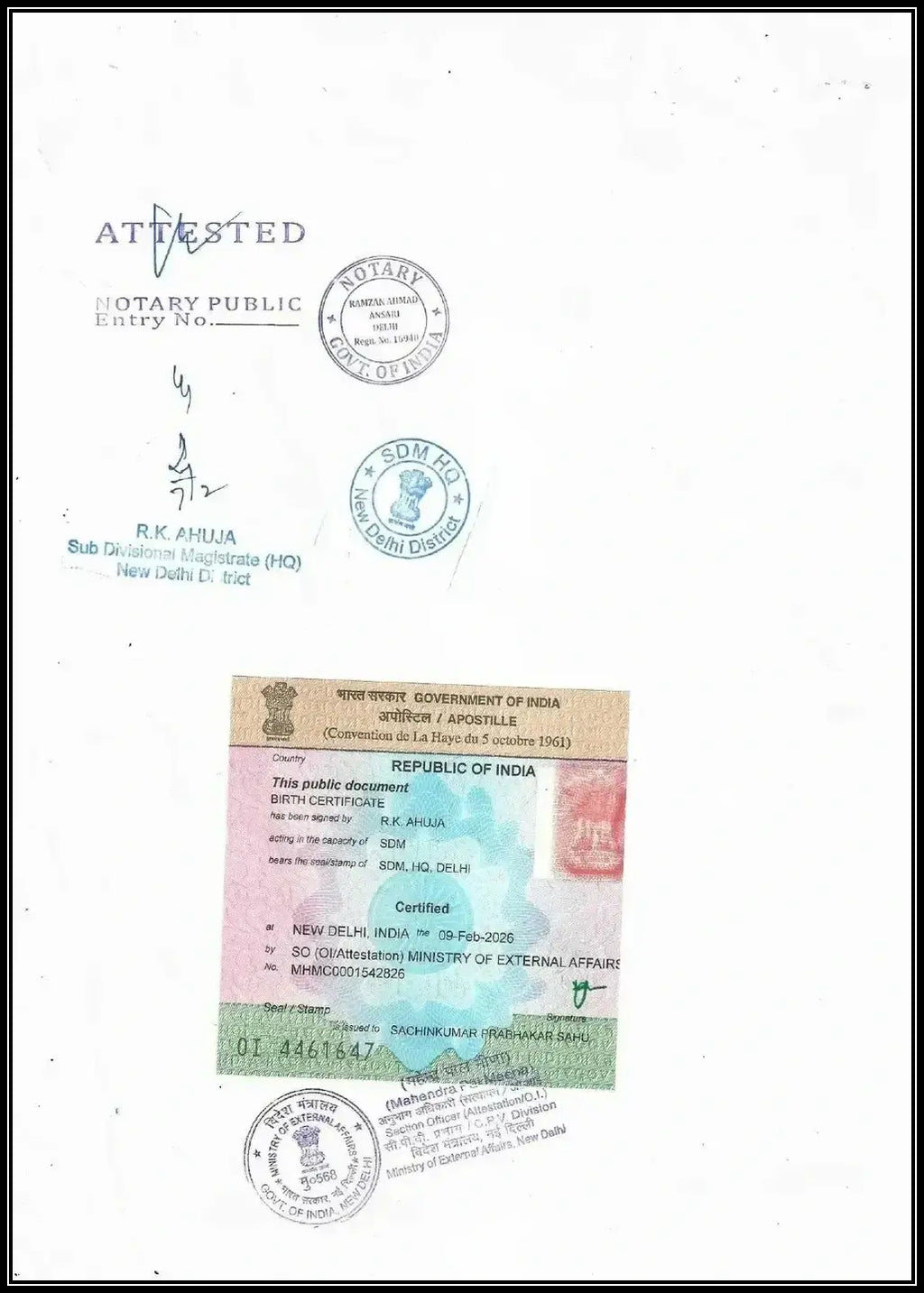 MEA Apostille Attestation on Personal Document (Birth Certificate, Marriage Certificate, Medical Certificate etc)