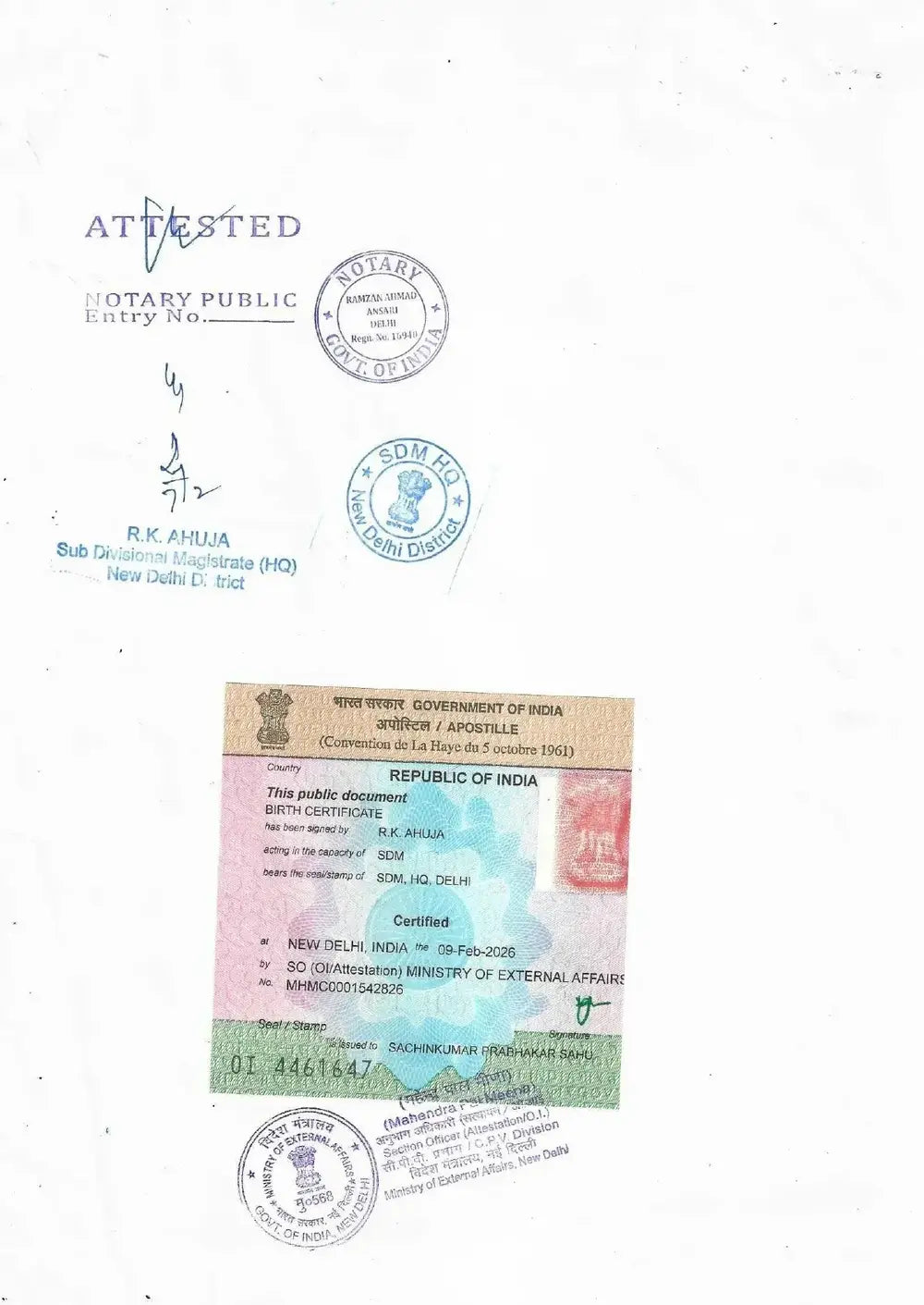 MEA Apostille Attestation on Personal Document (Birth Certificate, Marriage Certificate, Medical Certificate etc)