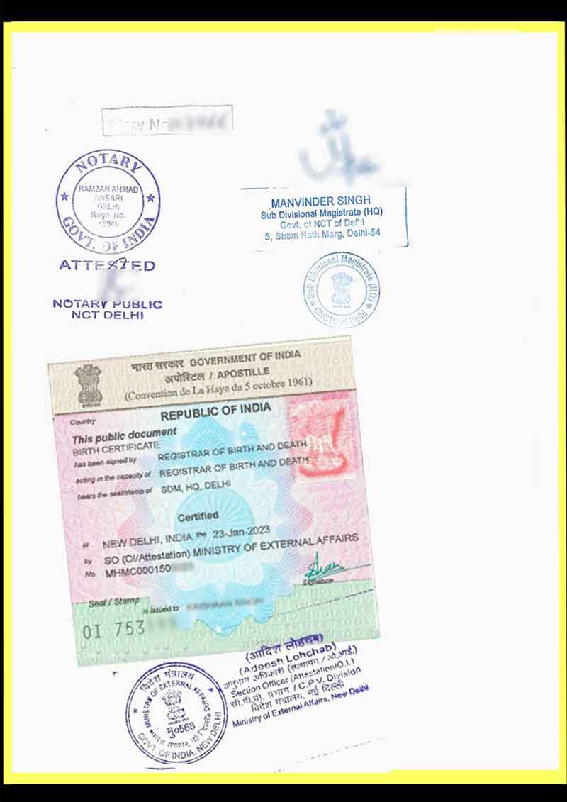 MEA Apostille Attestation on Personal Document (Birth Certificate, Marriage Certificate, Medical Certificate etc)